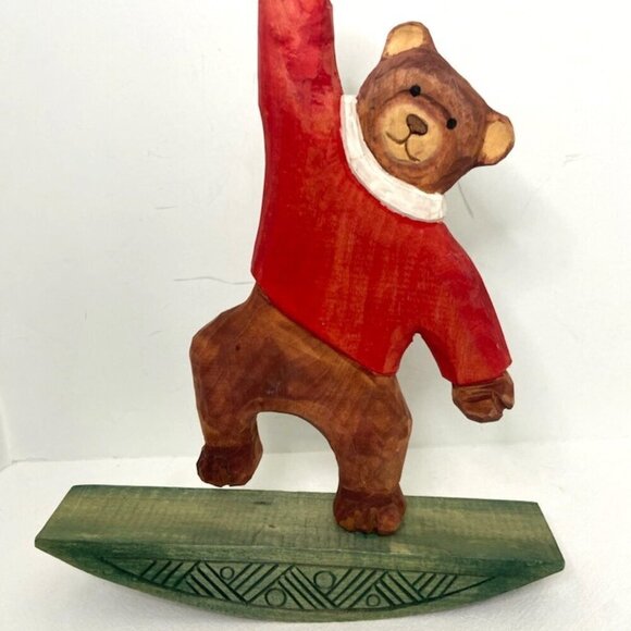Carved Wood Christmas Bear Teeter Totter Rocking Sculpture Figurine Red Sweater - Picture 2 of 4